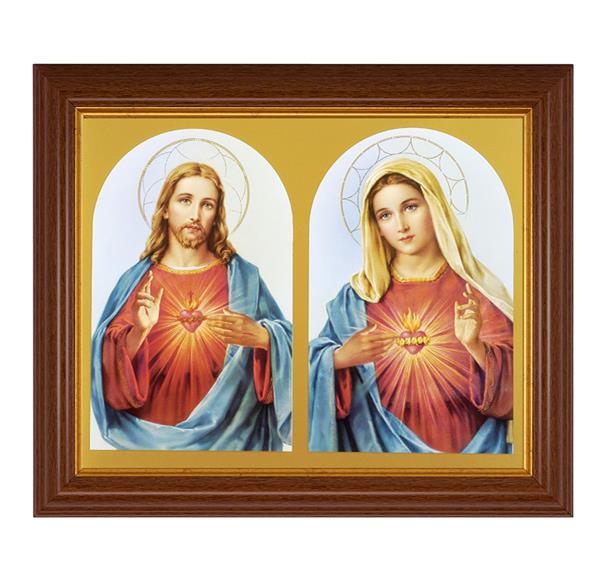 The Sacred Hearts, 10.5"x12.5" Walnut Finished Fluted Frame, Gold Beaded Lip, Italian Print # 26980