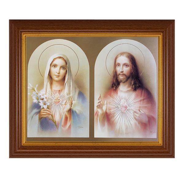 The Sacred Hearts, 10.5"x12.5" Walnut Finished Fluted Frame, Gold Beaded Lip, Italian Print # 26981