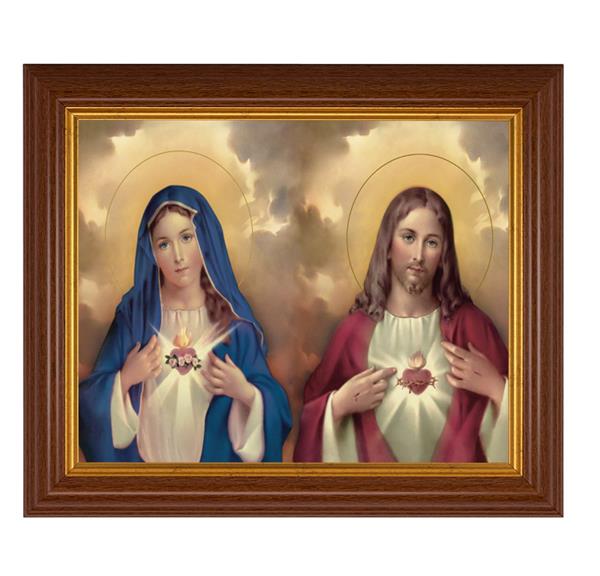 The Sacred Hearts, 10.5"x12.5" Walnut Finished Fluted Frame, Gold Beaded Lip, Italian Print # 26982
