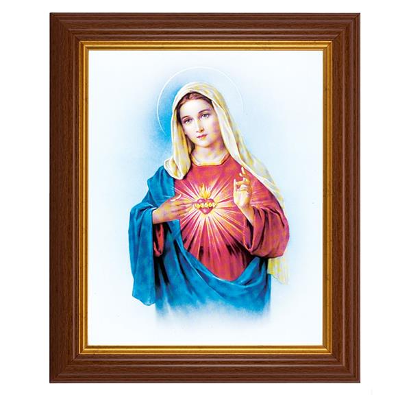 Immaculate Heart of Mary, 10.5"x12.5" Walnut Finished Fluted Frame, Gold Beaded Lip, Italian Print # 26984