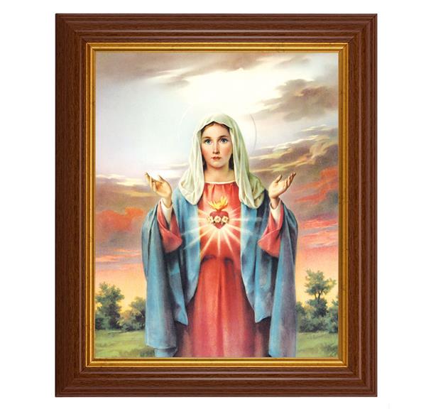Immaculate Heart of Mary, 10.5"x12.5" Walnut Finished Fluted Frame, Gold Beaded Lip, Italian Print # 26988