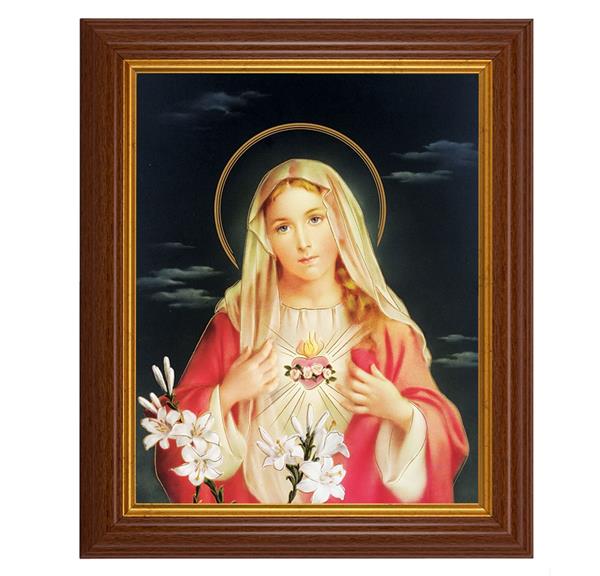 Immaculate Heart of Mary, 10.5"x12.5" Walnut Finished Fluted Frame, Gold Beaded Lip, Italian Print # 26989