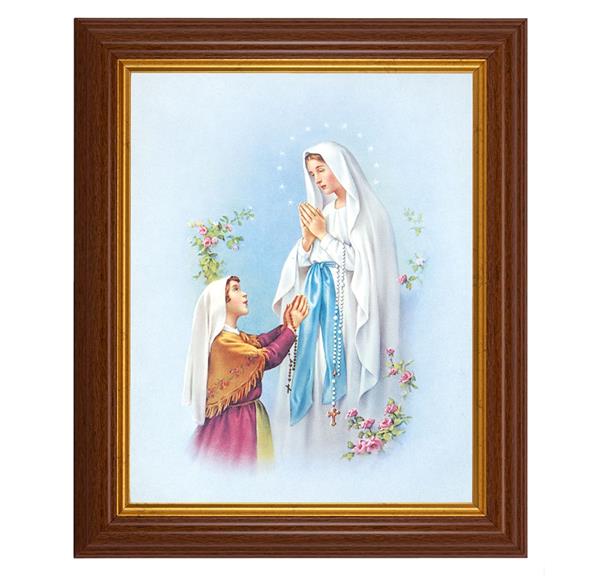Our Lady of Lourdes, 10.5"x12.5" Walnut Finished Fluted Frame, Gold Beaded Lip, Italian Print # 26993