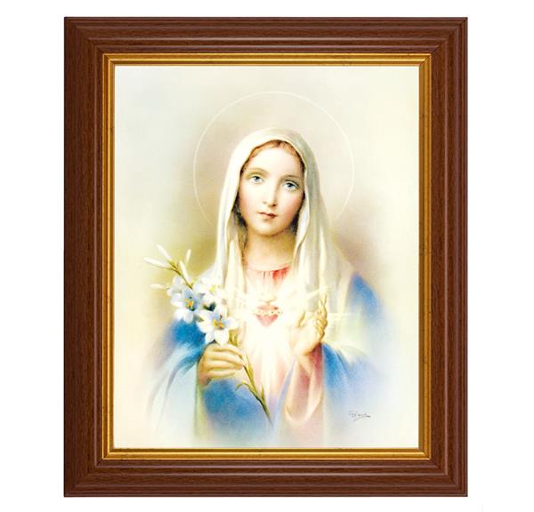Immaculate Heart of Mary, 10.5"x12.5" Walnut Finished Fluted Frame, Gold Beaded Lip, Italian Print # 26994