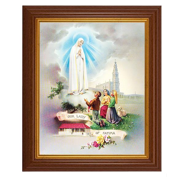 Our Lady of Fatima, 10.5"x12.5" Walnut Finished Fluted Frame, Gold Beaded Lip, Italian Print # 26995
