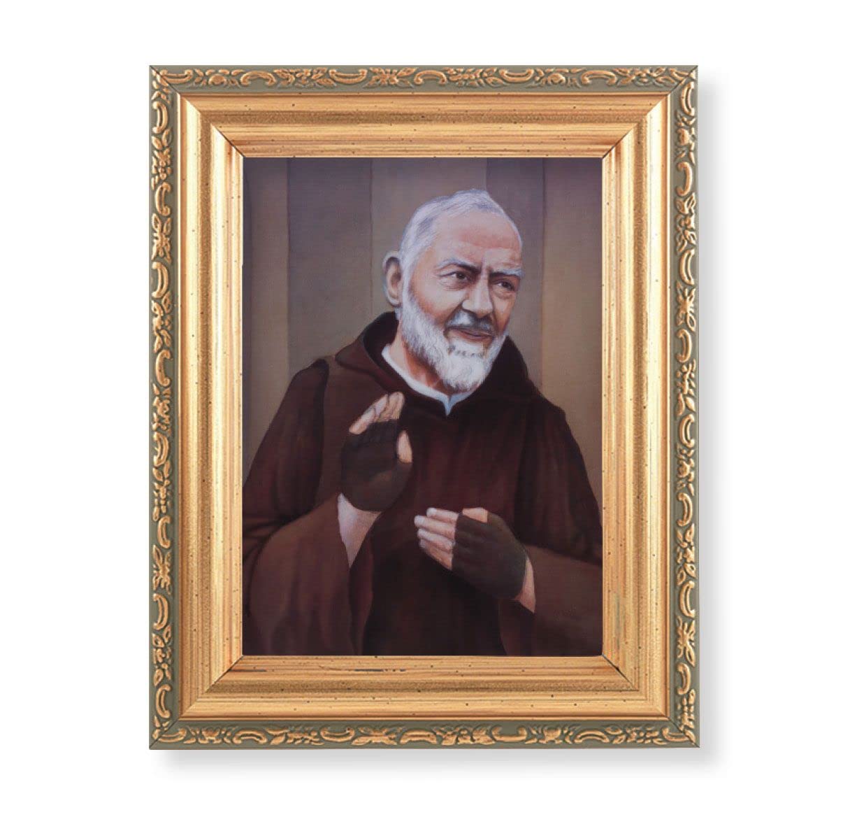 St. Padre Pio Picture, Antique Gold 5-1/2"x7 Frame with Acanthus-Leaf Edging Under Glass # 28206