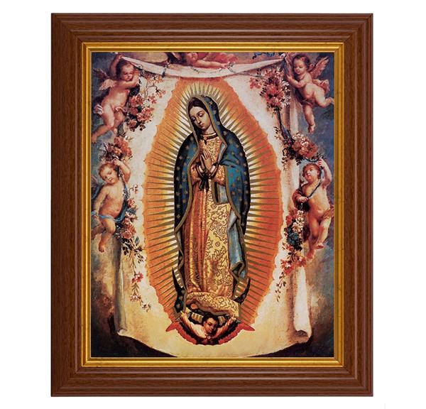 Our Lady of Guadalupe with Angels, 10.5"x12.5" Walnut Finished Fluted Frame, Gold Beaded Lip, Italian Print # 27002