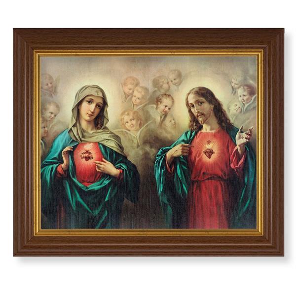 The Sacred Hearts, 10.5"x12.5" Walnut Finished Fluted Frame, Gold Beaded Lip, Italian Print # 27005