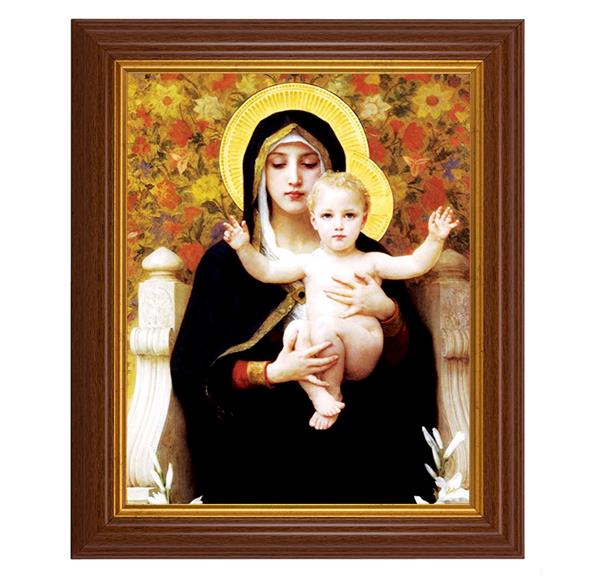 Bouguereau: Madonna of The Lilies, 10.5"x12.5" Walnut Finished Fluted Frame, Gold Beaded Lip, Italian Print # 27007