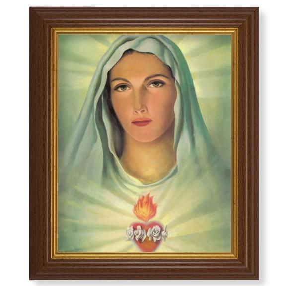 Immaculate Heart of Mary, 10.5"x12.5" Walnut Finished Fluted Frame, Gold Beaded Lip, Italian Print # 27012