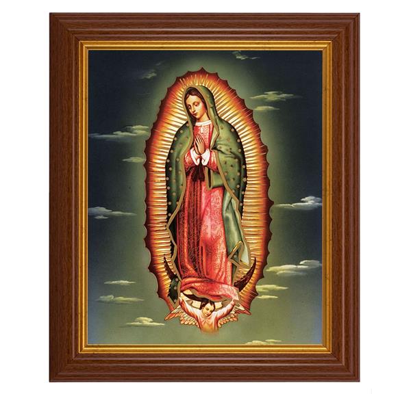 Our Lady of Guadalupe, 10.5"x12.5" Walnut Finished Fluted Frame, Gold Beaded Lip, Italian Print # 27025