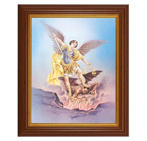 St. Michael, 10.5"x12.5" Walnut Finished Fluted Frame, Gold Beaded Lip, Italian Print # 27034