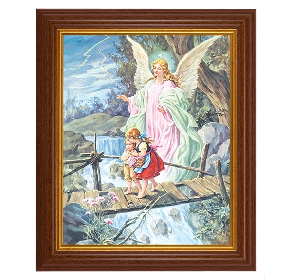 Guardian Angel with Children, 10.5"x12.5" Walnut Finished Fluted Frame, Gold Beaded Lip, Italian Print # 27037