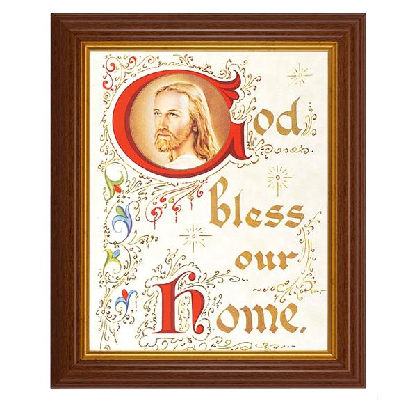 God Bless Our Home, 10.5"x12.5" Walnut Finished Fluted Frame, Gold Beaded Lip, Italian Print # 27047