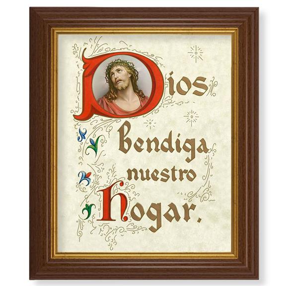 Spanish God Bless Our Home, 10.5"x12.5" Walnut Finished Fluted Frame, Gold Beaded Lip, Italian Print # 27048
