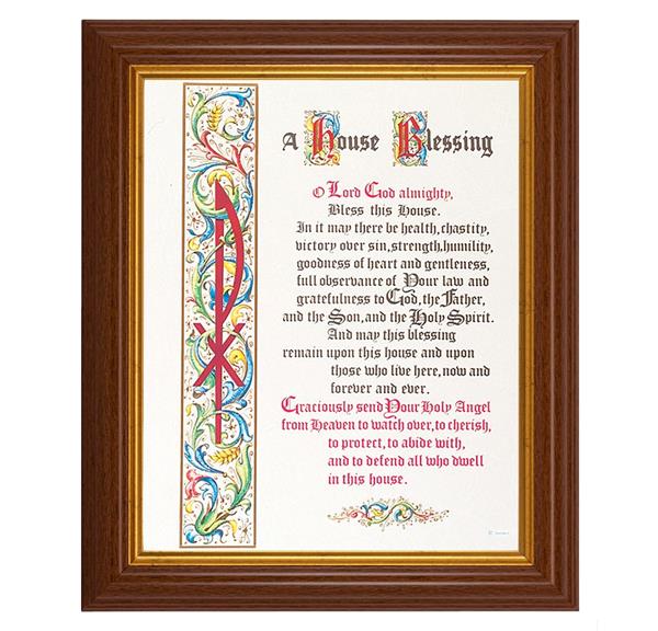 A House Blessing, 10.5"x12.5" Walnut Finished Fluted Frame, Gold Beaded Lip, Italian Print # 27049