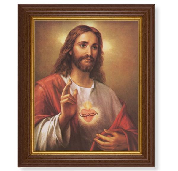 La Fuente: Sacred Heart of Jesus, 10.5"x12.5" Walnut Finished Fluted Frame, Gold Beaded Lip, Italian Print # 27052