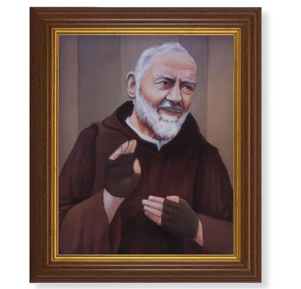 St. Padre Pio, 10.5"x12.5" Walnut Finished Fluted Frame, Gold Beaded Lip, Italian Print # 27054