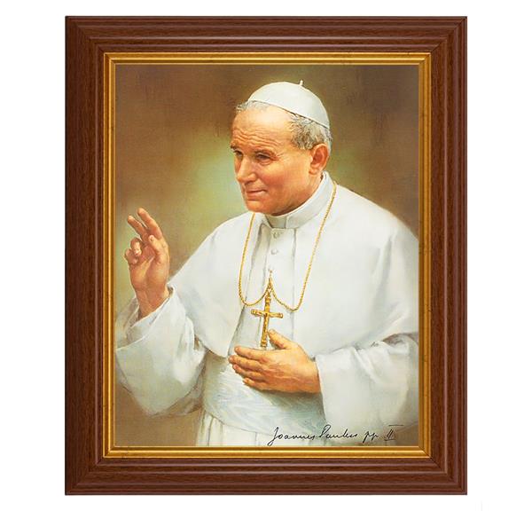 St. John Paul II, 10.5"x12.5" Walnut Finished Fluted Frame, Gold Beaded Lip, Italian Print # 27055