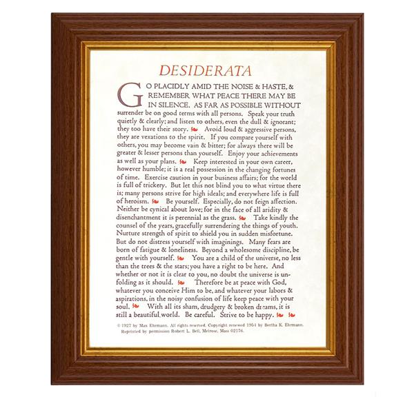 Desiderata Go Placidly Prayer, 10.5"x12.5" Walnut Finished Fluted Frame, Gold Beaded Lip, Italian Print # 27064