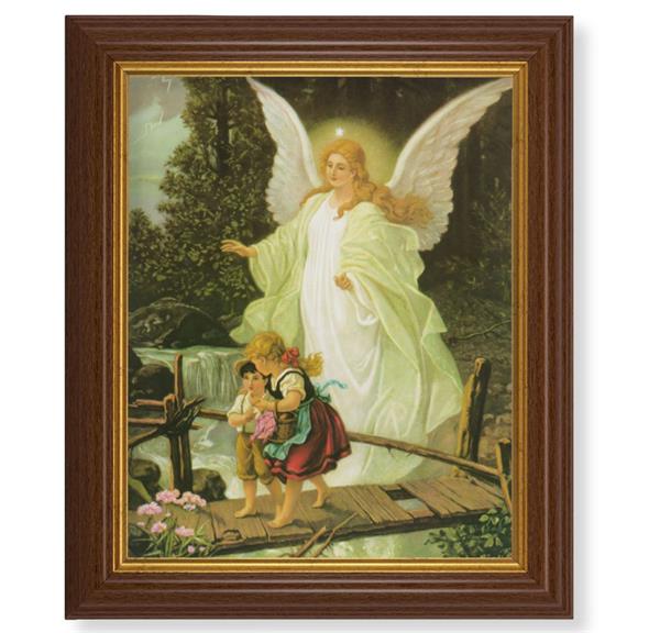 Guadian Angel with Children, 10.5"x12.5" Walnut Finished Fluted Frame, Gold Beaded Lip, Italian Print # 27065