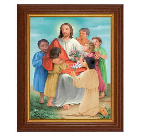 Jesus with Children, 10.5"x12.5" Walnut Finished Fluted Frame, Gold Beaded Lip, Italian Print # 27066