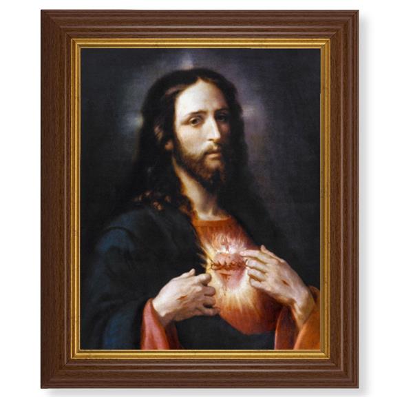 Ponce: Sacred Heart of Jesus, 10.5"x12.5" Walnut Finished Fluted Frame, Gold Beaded Lip, Italian Print # 27069
