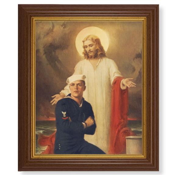 Chambers: Jesus Christ with Sailor, 10.5"x12.5" Walnut Finished Fluted Frame, Gold Beaded Lip, Italian Print # 27092