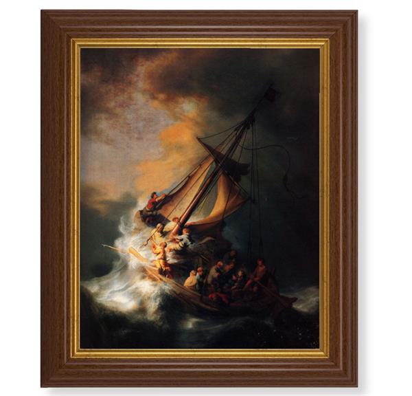 Rembrandt: The Storm of Sea of Galilee, 10.5"x12.5" Walnut Finished Fluted Frame, Gold Beaded Lip, Italian Print # 27094