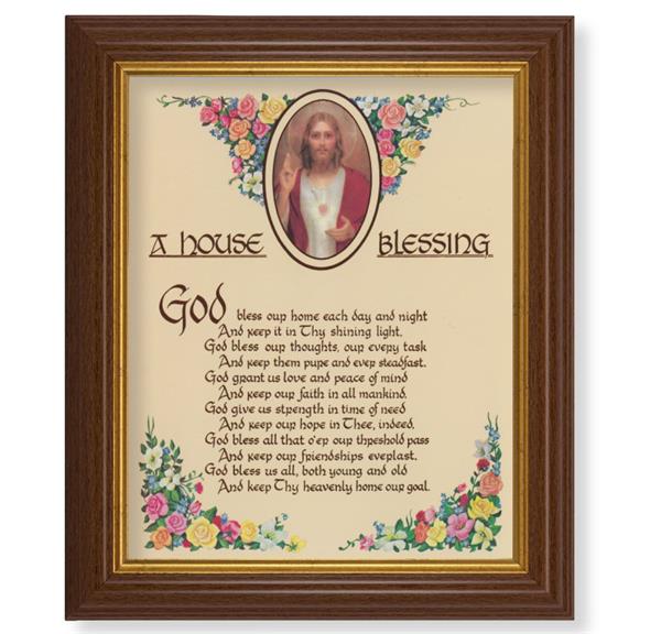 A House Blessing Picture, 10.5"x12.5" Walnut Finished Fluted Frame, Gold Beaded Lip, Italian Print # 27101