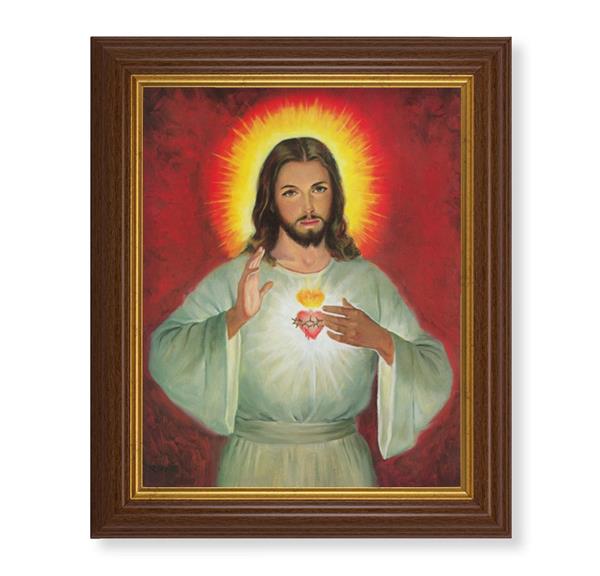 Sacred Heart of Jesus Picture, 10.5"x12.5" Walnut Finished Fluted Frame, Gold Beaded Lip, Italian Print # 27102