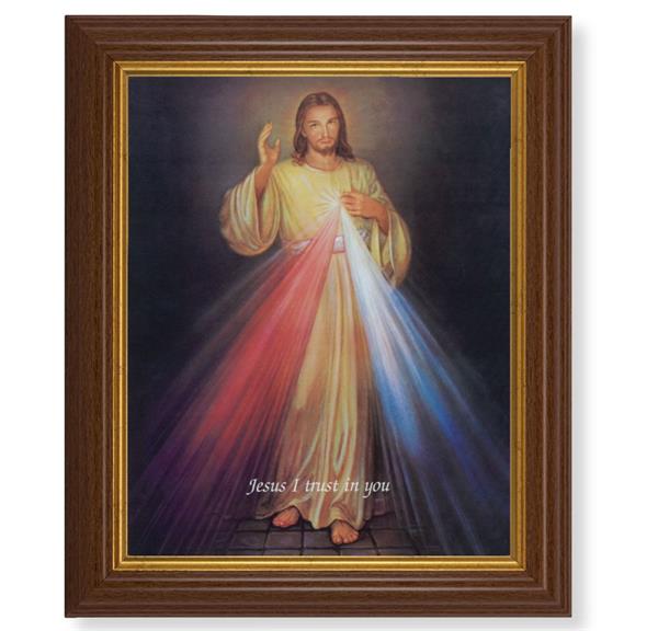 Divine Mercy Picture, 10.5"x12.5" Walnut Finished Fluted Frame, Gold Beaded Lip, Italian Print # 27110