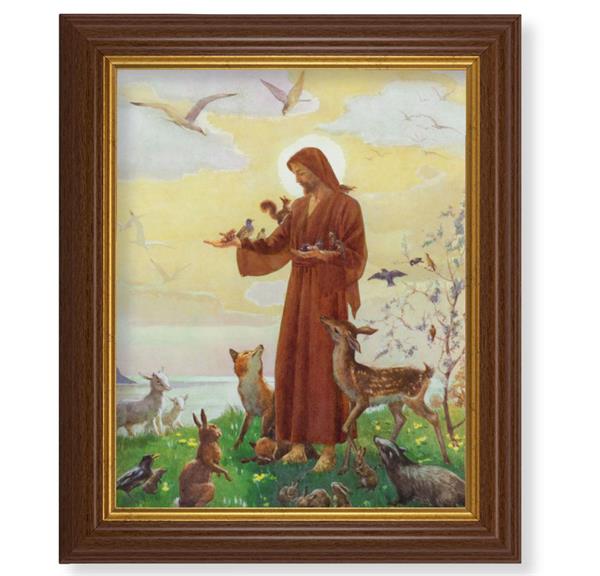 Jesus with Animals Picture, 10.5"x12.5" Walnut Finished Fluted Frame, Gold Beaded Lip, Italian Print # 27113
