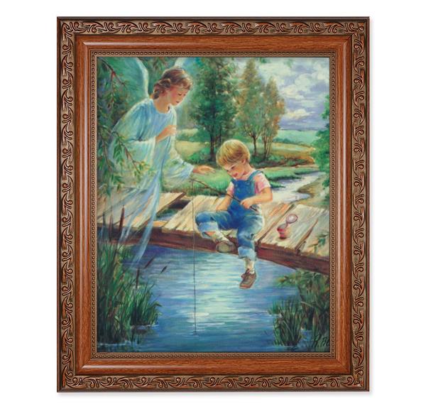 Guardian Angel with Boy Picture, 10.5"x12.5" Walnut Finished Fluted Frame, Gold Beaded Lip, Italian Print # 27119