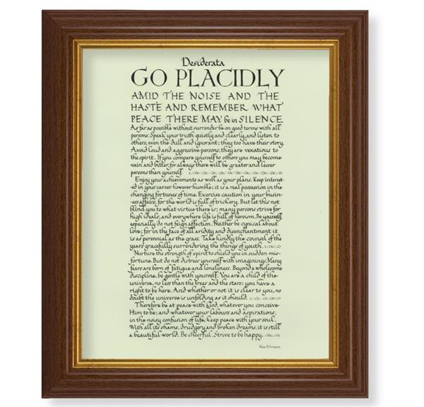 Go Placidly Desiderata, 10.5"x12.5" Walnut Finished Fluted Frame, Gold Beaded Lip, Italian Print # 27123
