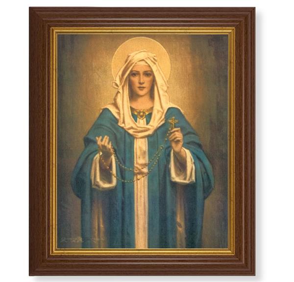 Our Lady of The Rosary Picture, 10.5"x12.5" Walnut Finished Fluted Frame, Gold Beaded Lip, Italian Print # 27133