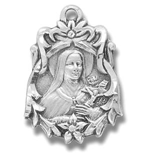 Sterling Silver St. Therese Medal, 13/16" overall, Your choice of chain, # 27293