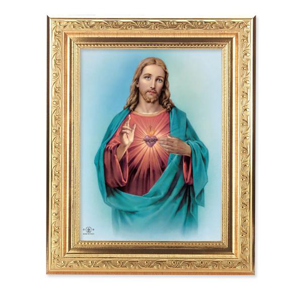 Sacred Heart Picture, 8-1/4"x10-1/4 Gold-Leaf Finish Acanthus Leaf Detail Under Glass # 27662