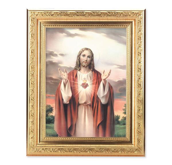 Sacred Heart of Jesus Picture, 8-1/4"x10-1/4 Gold-Leaf Finish Acanthus Leaf Detail Under Glass # 27664