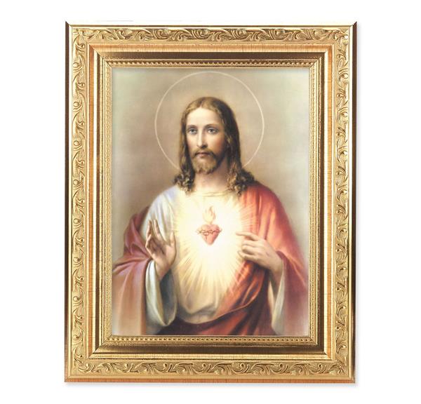 Sacred Heart of Jesus Picture, 8-1/4"x10-1/4 Gold-Leaf Finish Acanthus Leaf Detail Under Glass # 27669