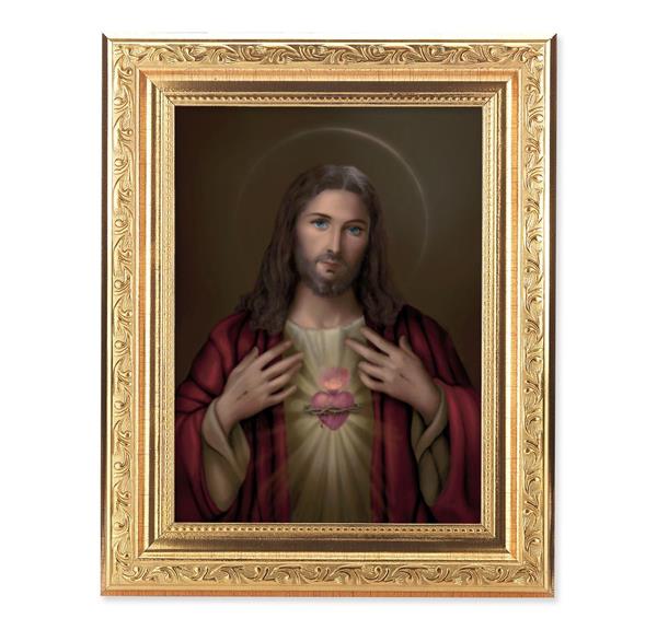 Sacred Heart of Jesus Picture, 8-1/4"x10-1/4 Gold-Leaf Finish Acanthus Leaf Detail Under Glass # 27671