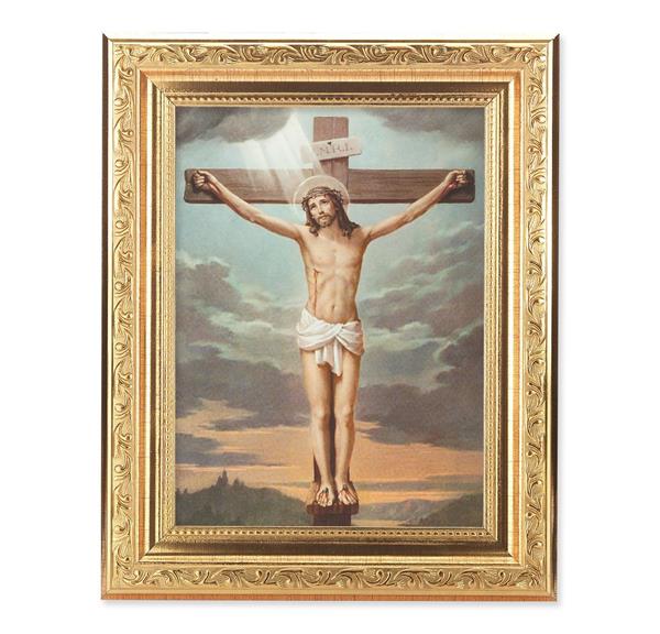 Crucifixion Picture, 8-1/4"x10-1/4 Gold-Leaf Finish Acanthus Leaf Detail Under Glass # 27673