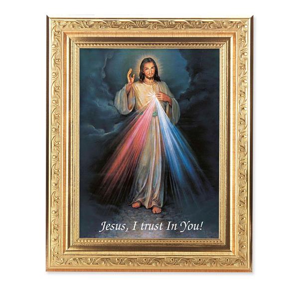 Divine Mercy Picture, 8-1/4"x10-1/4 Gold-Leaf Finish Acanthus Leaf Detail Under Glass # 27674