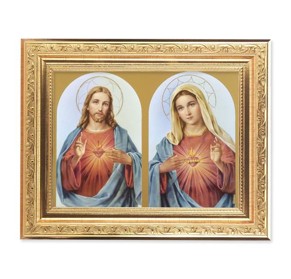The Sacred Hearts Picture, 8-1/4"x10-1/4 Gold-Leaf Finish Acanthus Leaf Detail Under Glass # 27678