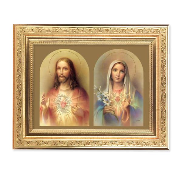 The Sacred Hearts Picture, 8-1/4"x10-1/4 Gold-Leaf Finish Acanthus Leaf Detail Under Glass # 27679
