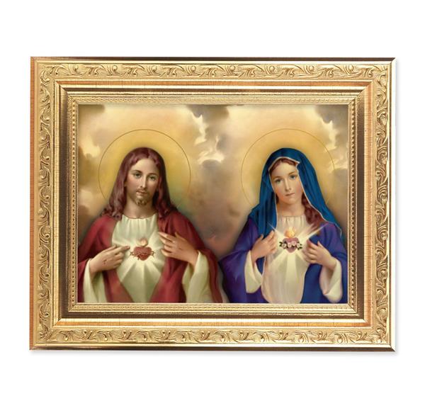The Sacred Hearts Picture, 8-1/4"x10-1/4 Gold-Leaf Finish Acanthus Leaf Detail Under Glass # 27680