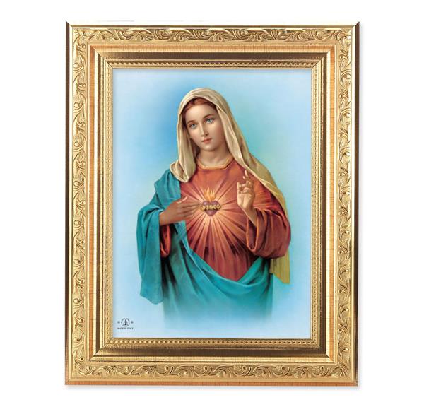 Immaculate Heart of Mary Picture, 8-1/4"x10-1/4 Gold-Leaf Finish Acanthus Leaf Detail Under Glass # 27685