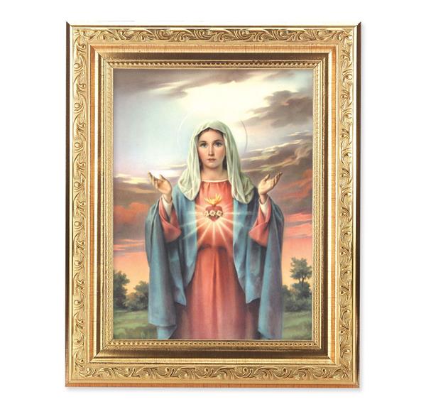 Immaculate Heart of Mary Picture, 8-1/4"x10-1/4 Gold-Leaf Finish Acanthus Leaf Detail Under Glass # 27689