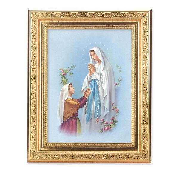 Our Lady of Lourdes Picture, 8-1/4"x10-1/4 Gold-Leaf Finish Acanthus Leaf Detail Under Glass # 27691