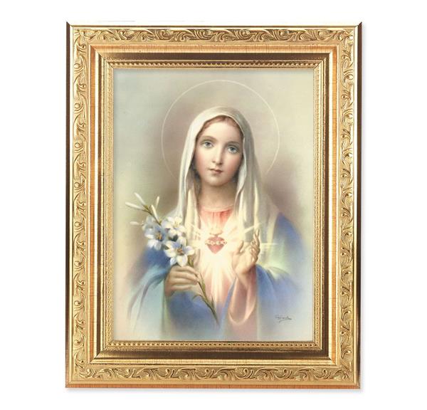Immaculate Heart of Mary Picture, 8-1/4"x10-1/4 Gold-Leaf Finish Acanthus Leaf Detail Under Glass # 27692